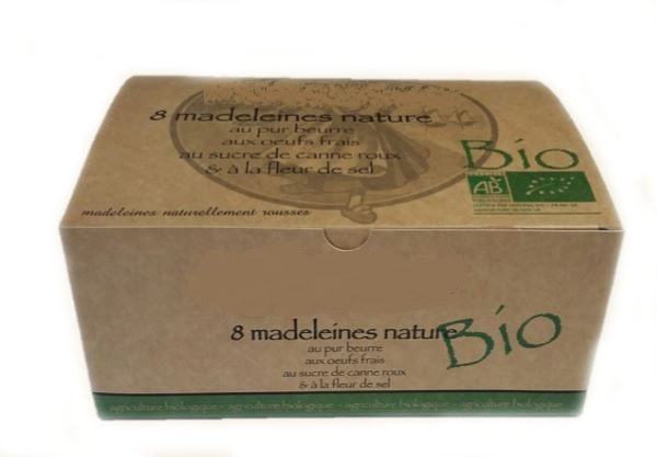 Opakowanie na ciastka, z napisem z nazwą, 8 madeleines nature i znakiem BIO symbolizującym naturalny proces produkcji