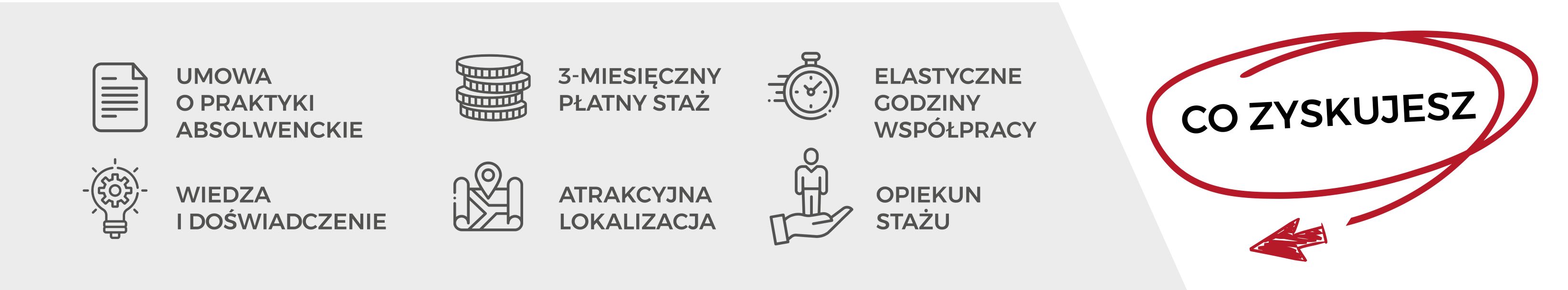 Co zyskujesz: umowa o praktyki absolwenckie, wiedza i doświadczenie, 3-miesięczny płatny staż, atrakcyjna lokalizacja, elastyczne godziny współpracy, opiekun stażu.